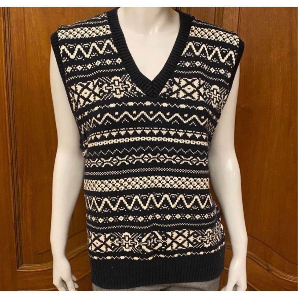 Vintage Jantzen Sweater Vest Blue & White Cable Knit Academia Work Size Large